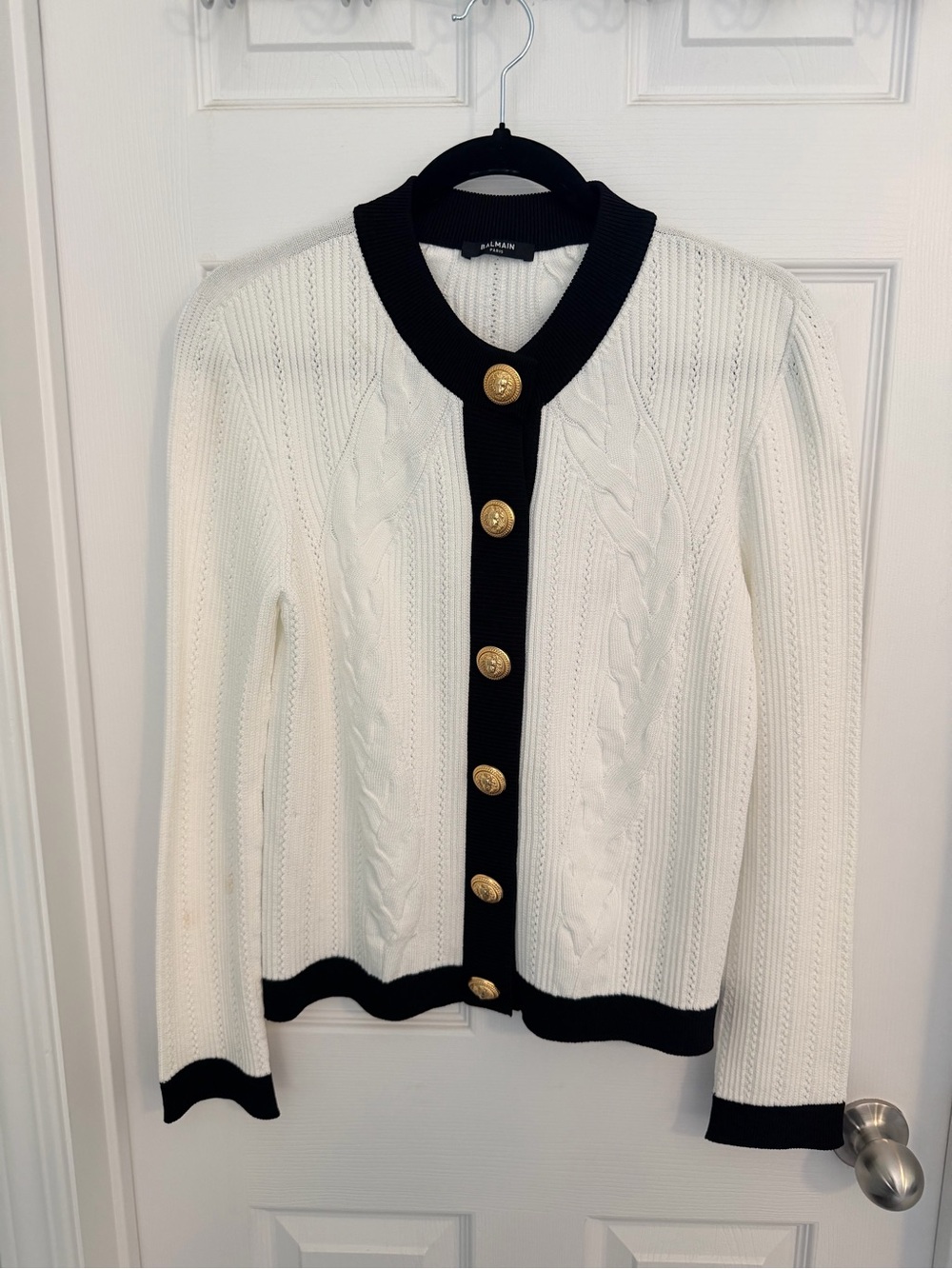 Balmain White Cable Knit Cardigan with Black Trim and Gold Buttons